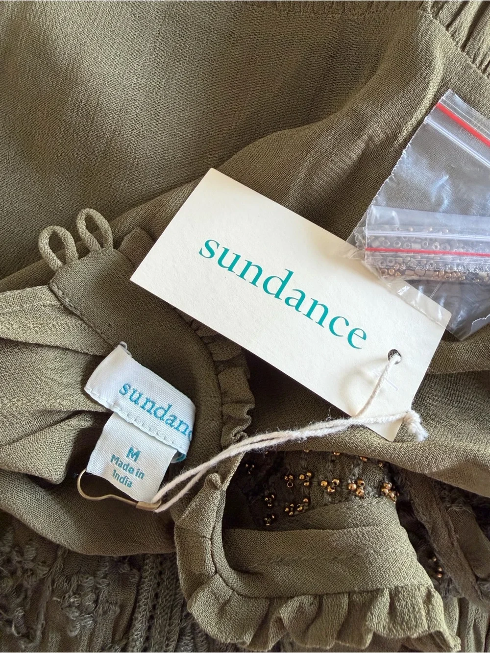 Sundance Women’s Army Green Embroidered Beaded Sleeveless Midi Dress NWT - Picture 5 of 5